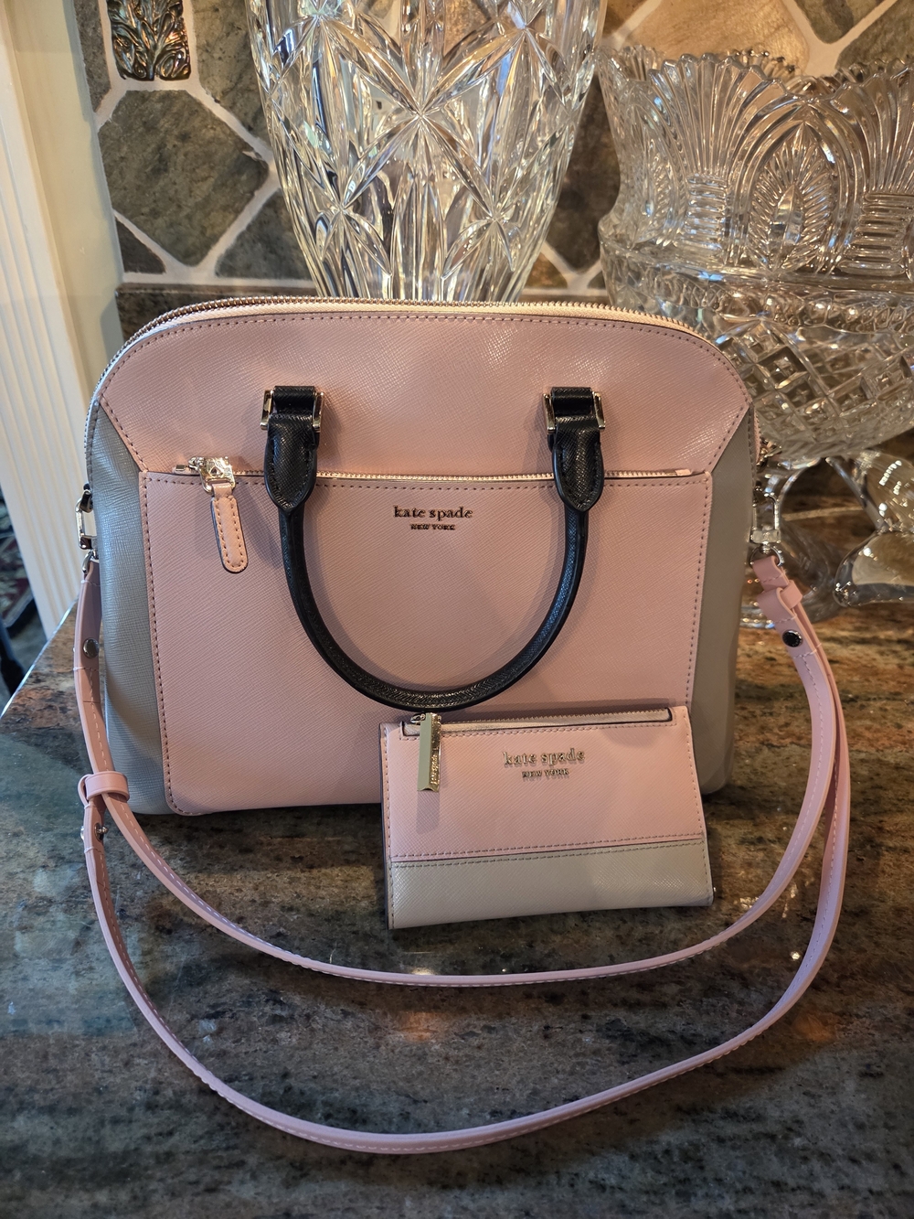kate spade Pink and Black Saffiano Satchel with Matching Wallet